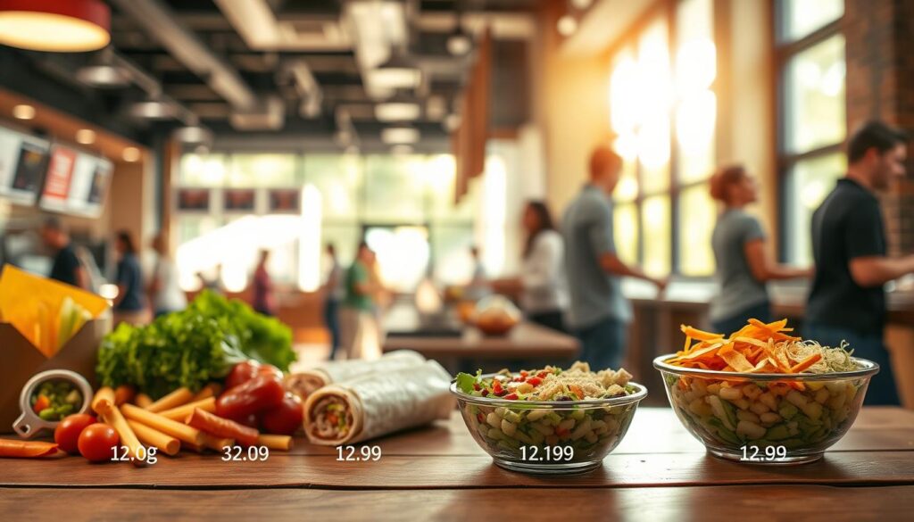 A visually engaging representation of calories conceptually related to food choices at a fast-casual restaurant. In the foreground, a vibrant and colorful array of Chipotle ingredients, such as burritos, bowls, and toppings, are displayed on a wooden table, with calorie counts subtly illustrated in stylish font beside each item. In the middle ground, a blurred image of a Chipotle restaurant showing patrons making their food selections adds context. The background features a warm, inviting atmosphere with natural sunlight streaming through large windows, highlighting the bustling environment. The overall mood is both appetizing and informative, encouraging reflection on healthy eating choices, with a focus on calorie awareness, captured with a soft focus lens and bright, cheerful lighting.