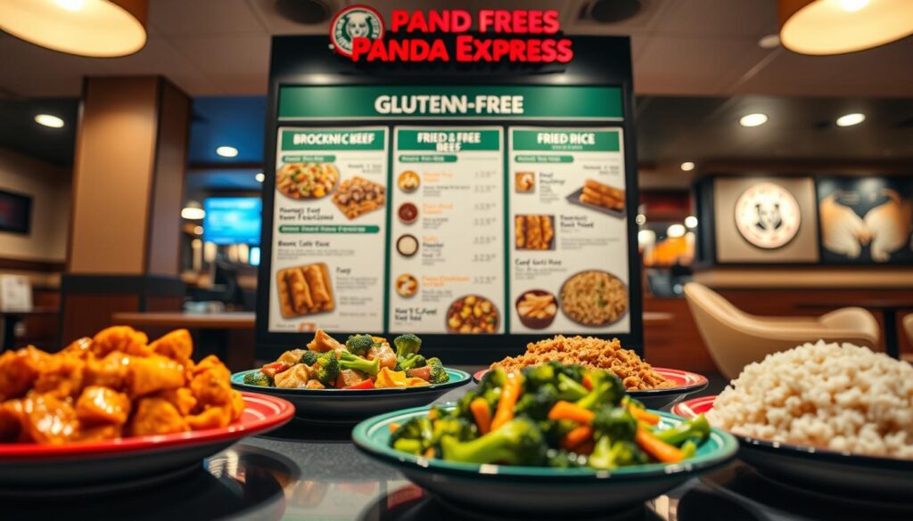 A visually enticing display of a Panda Express menu, showcasing a variety of gluten-free options. In the foreground, focus on colorful dishes like Orange Chicken, Broccoli Beef, and Fried Rice, artistically arranged on vibrant plates. The middle ground features a neatly designed menu board highlighting the gluten-free selections with appealing graphics. In the background, include hints of a Panda Express restaurant ambiance, soft lighting that creates a warm, inviting atmosphere. The scene is captured from a slightly elevated angle to enhance depth, using a lens that emphasizes the vibrant colors and textures of the food. The mood is appetizing and informative, perfect for illustrating the gluten-free options available at Panda Express.