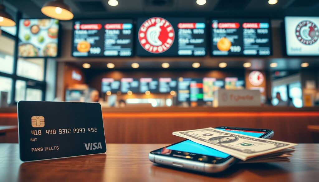 A visually striking image depicting a variety of payment options available at Chipotle in the United States. In the foreground, a close-up view showcases a sleek, modern credit card, a smartphone with an illuminated digital wallet interface, and a few crisp dollar bills neatly arranged. The middle layer features a stylishly designed Chipotle restaurant counter with clear, colorful menu boards in the background, creating an inviting atmosphere. The lighting is warm and inviting, casting soft shadows to enhance the professional look. The angle is slightly above eye level, offering a comprehensive view while maintaining focus on the payment methods. The overall mood is vibrant and optimistic, reflecting convenience and modern payment technology. The image should be free of any overlays or text, capturing the essence of various payment options effectively.