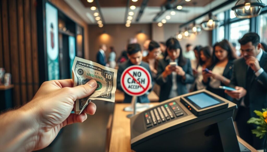 A visually striking image illustrating cash trends in retail and fast-casual restaurants. In the foreground, a hand holding a crumpled dollar bill, symbolizing cash. The middle ground features an inviting modern cash register, sleek and electronic, with a 'No Cash Accepted' sign prominently displayed. In the background, a bustling restaurant scene showcases diverse customers, dressed in business attire and casual wear, using mobile payment apps on their smartphones. Soft, warm lighting bathes the scene, creating an inviting atmosphere. The angle is slightly elevated to provide a clear view of the interactions between customers and technology, highlighting the shift away from cash. The overall mood should evoke a sense of transition in payment methods while remaining professional and engaging.