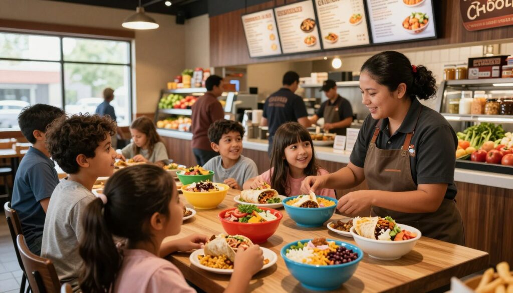 A warm and inviting Chipotle restaurant interior, bustling with activity. In the foreground, a diverse group of children, around 8-10 years old, excitedly looking at the menu displayed on a digital board. A friendly employee in a Chipotle uniform, smiling, helps them with their meal choices. In the middle ground, colorful bowls and burritos can be seen, showcasing kids' meal options with vibrant ingredients like rice, beans, and fresh toppings. The background features the Chipotle kitchen, with staff preparing food and fresh produce on display. Soft, natural lighting filters through the restaurant’s large windows, creating a cheerful atmosphere. The scene captures the joy of ordering a meal, emphasizing family-friendly dining and the kids menu experience, taken from a slight angle to include both kids and the vibrant meal presentation.