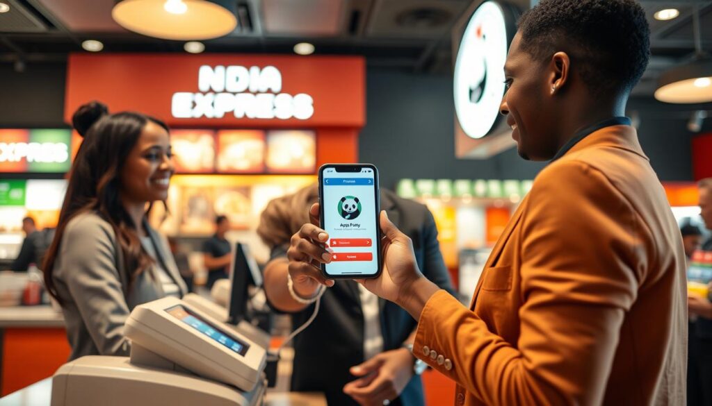 A well-lit retail counter at a Panda Express location, with warm, inviting colors and modern decor. In the foreground, a diverse young professional wearing a smart casual outfit is holding an iPhone displaying the Apple Pay interface, ready to complete their purchase. The middle ground features a cash register with a friendly cashier smiling, engaging positively with the customer. The background includes the vibrant interior of the restaurant, highlighted by colorful signage and appetizing food displays. Soft, natural lighting enhances the atmosphere, making the scene feel welcoming and dynamic. Capture the moment at a slightly angled perspective to add depth, showcasing the seamless integration of technology in everyday transactions.