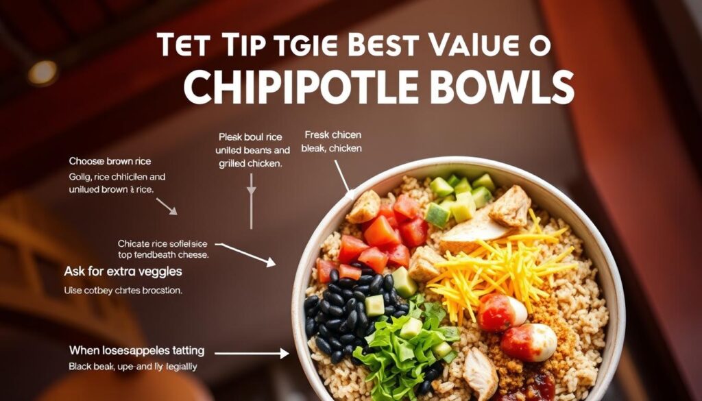 A well-organized infographic design featuring tips for getting the best value on a Chipotle bowl. In the foreground, display a vibrant, appetizing Chipotle bowl filled with a colorful array of ingredients like brown rice, black beans, fresh salsa, grilled chicken, guacamole, and shredded cheese, artfully arranged to showcase its value. In the middle layer, include icons symbolizing various tips, such as "Choose brown rice" or "Ask for extra veggies," creatively illustrated with arrows pointing towards the bowl. In the background, use a soft gradient of warm colors to convey a welcoming atmosphere, with subtle textures resembling the interior of a Chipotle restaurant. Soft, natural lighting highlights the freshness of the ingredients, while an overhead angle gives a comprehensive view of both the bowl and the tips.